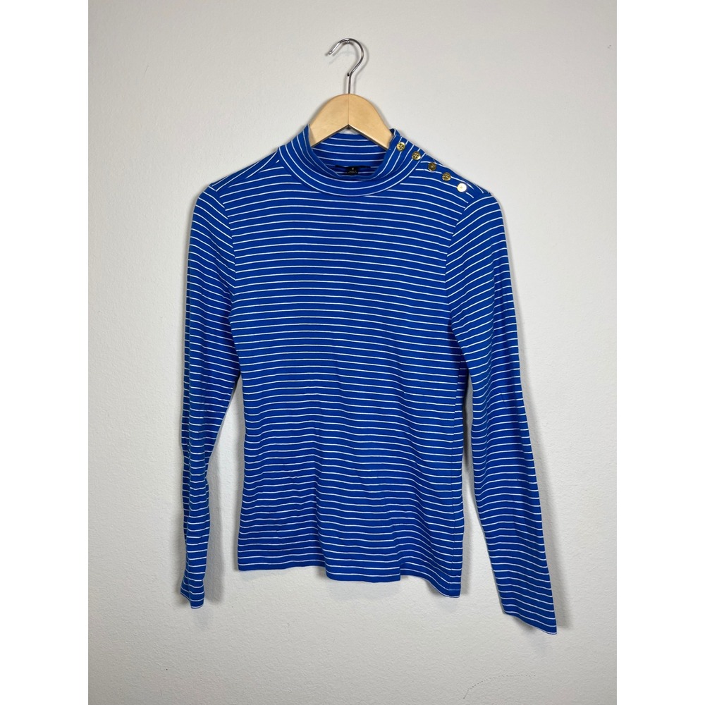 J.Crew Blue White Striped Mock Neck Long Sleeve Top Gold Shoulder Buttons Small